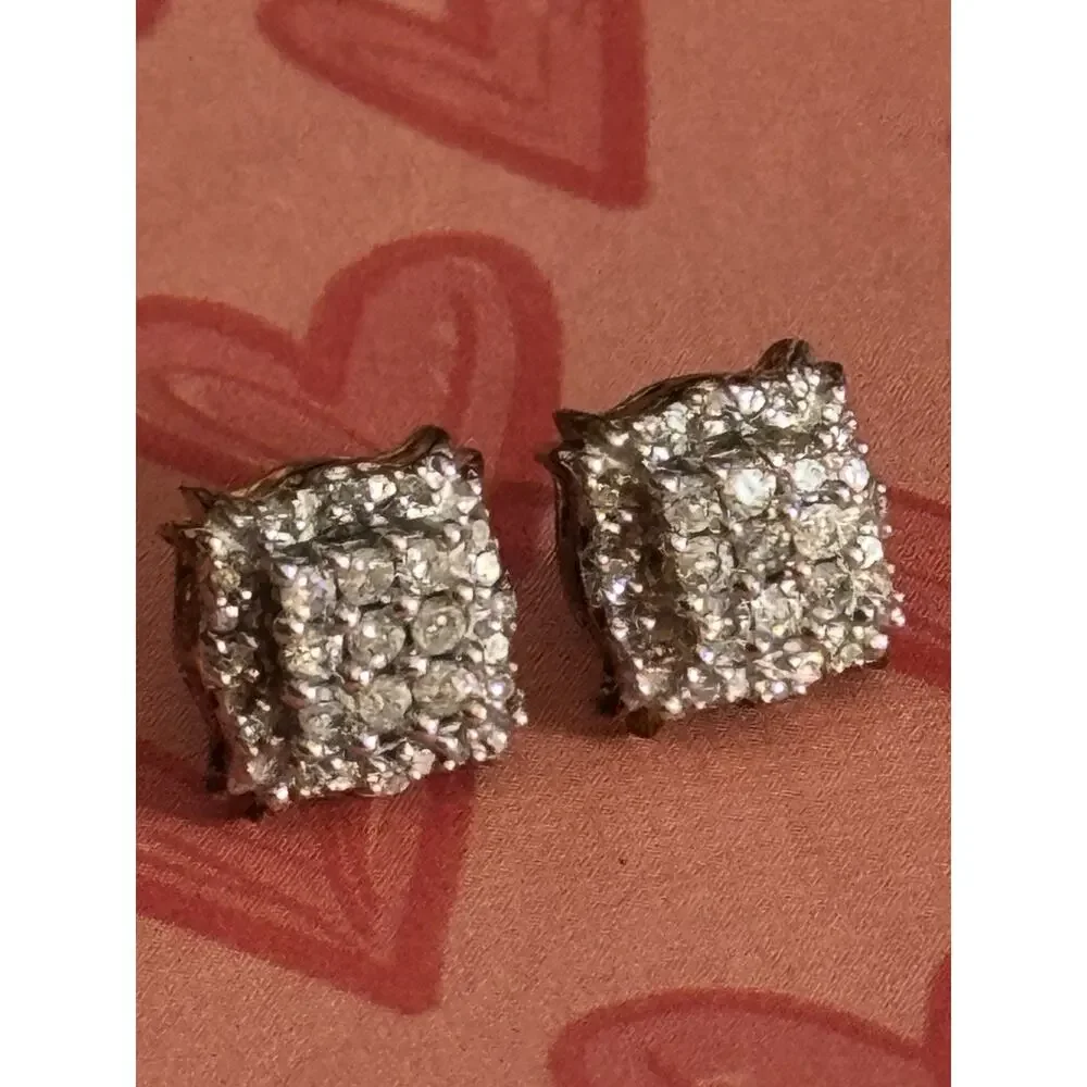 Vintage Sterling Silver 925 Pavé Diamond Square Stud Earrings Total 42 Diamonds - Picture 3 of 9